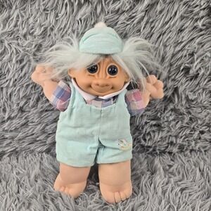 Russ Troll Plush Doll 12in Blue Hair Blue Eyes Overalls Vintage EUC‎